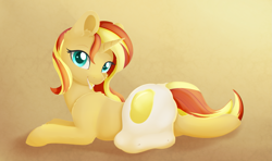 Size: 1363x809 | Tagged: safe, artist:dusthiel, sunset shimmer, pony, unicorn, bacon hair, chest fluff, cute, ear fluff, eating, egg, female, leg fluff, looking at you, mare, prone, pun, shimmerbetes, smiling, solo, visual pun