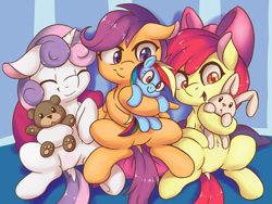 Size: 3000x2250 | Tagged: safe, artist:fearingfun, derpibooru import, edit, apple bloom, rainbow dash, scootaloo, sweetie belle, pegasus, pony, adorabloom, cute, cutealoo, cutie mark crusaders, diasweetes, plushie, sfw edit, spread legs, spreading, teddy bear