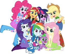 Size: 4471x3758 | Tagged: safe, artist:sketchmcreations, derpibooru import, applejack, fluttershy, pinkie pie, rainbow dash, rarity, sci-twi, spike, spike the regular dog, sunset shimmer, twilight sparkle, dog, equestria girls, friendship games, absurd resolution, group photo, group shot, right there in front of me, simple background, transparent background, vector