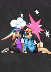 Size: 1024x1444 | Tagged: safe, artist:platypuswithfez, rainbow dash, twilight sparkle, human, barefoot, cutie mark, feet, female, humanized, lesbian, light skin, shipping, twidash