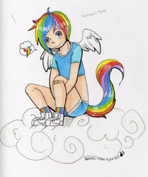 Size: 1910x2281 | Tagged: safe, artist:akamaru chan, rainbow dash, human, bandaid, cloud, cloudy, humanized, light skin, pictogram, pixiv, solo, speech bubble, tailed humanization, traditional art, winged humanization