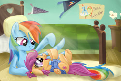 Size: 1200x800 | Tagged: safe, artist:redheadfly, derpibooru import, rainbow dash, scootaloo, pegasus, pony, bed, clothes, cutie mark, foalsitter, scootalove, shirt, the cmc's cutie marks