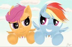 Size: 1800x1163 | Tagged: safe, artist:charzymon, rainbow dash, scootaloo, pegasus, pony, female, flying, mare, wings