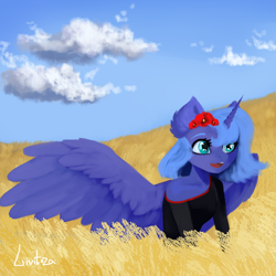 Size: 2000x2000 | Tagged: safe, artist:livitoza, princess luna, alicorn, anthro, clothes, female, flower, flower in hair, mare, open mouth, solo, traditional art, wreath