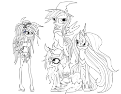 Size: 3300x2550 | Tagged: safe, artist:great-5, princess luna, rainbow dash, oc, oc:helia, oc:stargazer, unicorn, equestria girls, clothes, costume, cute, dashabetes, galarian ponyta, hairclip, hat, lightmare, lineart, lunabetes, nightmare night, nightmare night costume, ocbetes, pokémon, ponyta, safhira, witch hat