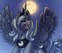 Size: 1400x1192 | Tagged: safe, artist:silverraven2018, princess luna, alicorn, pony, cute, eyes closed, female, full moon, lunabetes, mare, moon, night, open mouth, solo, spread wings, stars, wings