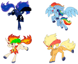 Size: 1092x895 | Tagged: safe, artist:dino-kbases, artist:zx-shadowlugia111-xz, applejack, princess luna, rainbow dash, oc, hybrid, base used, crossover, keldeo, nintendo, non-mlp oc, palindrome get, pokémon, rapidash, simple background, species swap, white background