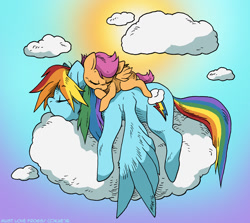 Size: 1000x893 | Tagged: safe, artist:kaemantis, derpibooru import, rainbow dash, scootaloo, pegasus, pony, cloud, cute, cutealoo, kaemantis is trying to murder us, scootalove, sleeping, weapons-grade cute