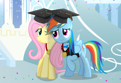 Size: 2820x1939 | Tagged: safe, artist:shutterflyeqd, derpibooru import, fluttershy, rainbow dash, pegasus, pony, cute, female, flutterdash, graduation, graduation cap, hat, lesbian, medal, shipping