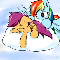 Size: 600x600 | Tagged: safe, artist:ranban, rainbow dash, scootaloo, pegasus, pony, cloud, cloudy, pixiv, sleeping