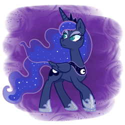 Size: 605x606 | Tagged: safe, artist:bowsaremyfriends, princess luna, alicorn, pony, abstract background, ethereal mane, eyeshadow, female, jewelry, lidded eyes, looking back, makeup, mare, raised hoof, regalia, simple background, solo, starry mane, transparent background