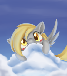 Size: 670x757 | Tagged: safe, artist:dusthiel, derpy hooves, pegasus, pony, blushing, cloud, cute, derpabetes, female, mare, nom, peeking, sky, solo