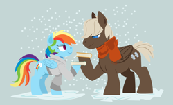 Size: 1270x776 | Tagged: safe, artist:dbkit, dumbbell, rainbow dash, pegasus, pony, book, clothes, dumbdash, female, male, scarf, shipping, snow, snowfall, straight