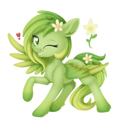 Size: 954x932 | Tagged: safe, artist:dusthiel, oc, pegasus, pony, female, flower, flower in hair, heart, mare, one eye closed, simple background, solo, transparent background, wink