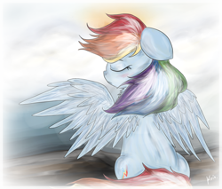 Size: 1176x1000 | Tagged: safe, artist:kristysk, derpibooru import, rainbow dash, pegasus, pony, blue coat, female, mare, multicolored mane, simple background, solo, white background, wings