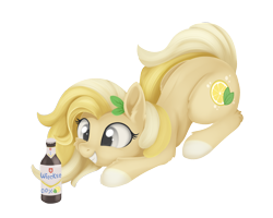 Size: 1438x1151 | Tagged: safe, artist:dusthiel, oc, oc only, oc:radler, earth pony, pony, bottle, crouching, cute, female, leaves, mare, ponified, radler, simple background, smiling, solo, transparent background