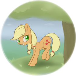 Size: 1366x1366 | Tagged: safe, artist:dusthiel, applejack, earth pony, pony, applebucking, cute, female, filly, hatless, jackabetes, missing accessory, simple background, smiling, solo, transparent background, tree