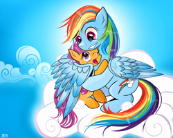 Size: 1058x846 | Tagged: safe, artist:dsana, derpibooru import, rainbow dash, scootaloo, pegasus, pony, cloud, cutie mark, hug, scootalove, the cmc's cutie marks