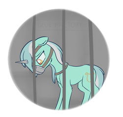 Size: 1585x1509 | Tagged: safe, artist:dusthiel, lyra heartstrings, pony, unicorn, atg 2018, bars, captured, collar, female, floppy ears, glue factory, horn cap, looking down, magic suppression, mare, muzzle, newbie artist training grounds, sad, simple background, solo, transparent background