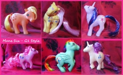 Size: 899x550 | Tagged: safe, artist:acutecat, derpibooru import, applejack (g1), fluttershy, pinkie pie, rainbow dash, rarity, twilight sparkle, g1, custom, irl, mane six, photo, toy