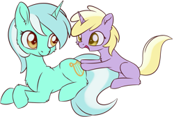 Size: 1163x781 | Tagged: safe, artist:dusthiel, dinky hooves, lyra heartstrings, pony, unicorn, atg 2018, duo, duo female, female, filly, mare, newbie artist training grounds, prone, simple background, smiling, transparent background