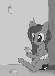 Size: 1041x1422 | Tagged: safe, artist:dusthiel, princess luna, alicorn, pony, bandage, food, inktober, mango, monochrome, solo