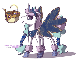 Size: 1250x1000 | Tagged: safe, artist:floofyfoxcomics, princess luna, alicorn, pony, braid, braided tail, cardboard wings, clothes, costume, eevee, fake wings, galarian ponyta, magic, nightmare night costume, pokémon, ponyta, simple background, solo, transparent background