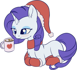 Size: 889x799 | Tagged: safe, artist:dusthiel, rarity, pony, unicorn, atg 2018, chocolate, christmas, clothes, female, food, hat, holiday, hot chocolate, mare, marshmallow, newbie artist training grounds, santa hat, scarf, simple background, solo, stockings, thigh highs, transparent background