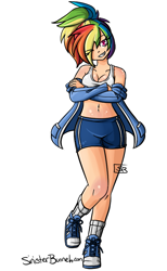 Size: 525x850 | Tagged: safe, artist:sinisterbunneh, rainbow dash, human, belly button, clothes, compression shorts, crossed arms, eye clipping through hair, grin, humanized, light skin, midriff, off shoulder, one eye closed, simple background, smiling, solo, wink