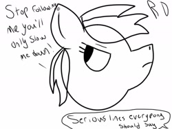 Size: 2048x1536 | Tagged: safe, artist:paper pony artwork, artist:rihanna bell pepper, derpibooru import, rainbow dash, pegasus, pony, looking back, monochrome, quote, serious, text