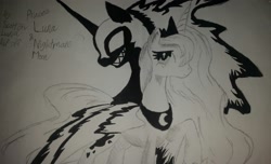 Size: 2868x1744 | Tagged: safe, artist:scottishlunaripoff, nightmare moon, princess luna, alicorn, pony, female, mare, monochrome, pencil drawing, raised hoof, shadow, simple background, traditional art