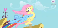 Size: 570x281 | Tagged: safe, screencap, fluttershy, rainbow dash, pegasus, pony, daring don't, glomp, heart, hub logo, hubble, lowres, out of context