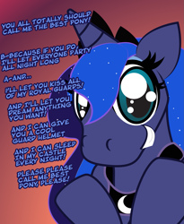 Size: 1731x2107 | Tagged: safe, artist:playfingers, princess luna, alicorn, pony, brainwashed, colored pupils, ethereal mane, female, floppy ears, gradient background, grin, looking at you, mare, orange background, peytral, sidemouth, simple background, smiling, solo, speech, starry mane, text, transformed, wide eyes