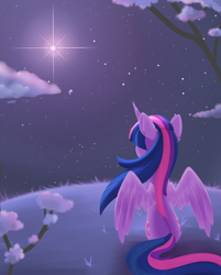 Size: 952x1184 | Tagged: safe, artist:dusthiel, twilight sparkle, twilight sparkle (alicorn), alicorn, pony, female, flower, looking up, mare, moon, night, solo, stars, tree