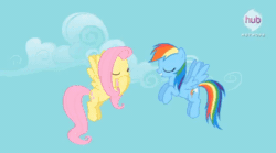 Size: 719x401 | Tagged: safe, screencap, fluttershy, rainbow dash, pegasus, pony, daring don't, animated, circle, cloud, cloudy, cute, dashabetes, excited, eyes closed, fangirl, flapping, flying, happy, hub logo, hubble, loop, open mouth, sky, smiling, smirk, spread wings, talking, the hub