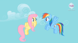 Size: 719x399 | Tagged: safe, screencap, fluttershy, rainbow dash, pegasus, pony, daring don't, season 4, animated, circle, cloud, cloudy, cute, dashabetes, excited, fangirl, flapping, flying, happy, hub logo, hubble, loop, sky, the hub