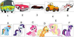 Size: 2000x1000 | Tagged: safe, derpibooru import, applejack, fluttershy, pinkie pie, rainbow dash, rarity, twilight sparkle, earth pony, pegasus, pony, unicorn, 101 dalmatians, 50's corvette, activity, car, chevrolet, chevrolet corvette, corvette, disney, hanna barbera, mach 5, mane six, mystery machine, puzzle, scooby doo, speed buggy, speed racer