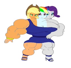 Size: 914x874 | Tagged: safe, derpibooru import, applejack, rainbow dash, rarity, equestria girls, applejacked, buff, conjoined, fusion, multiple heads, muscles, rainbuff dash, ripped rarity, this isn't even my final form, three heads, wat, we have become one