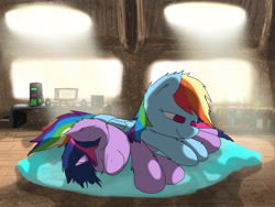 Size: 1280x960 | Tagged: safe, artist:fuzzyfox11, rainbow dash, twilight sparkle, pegasus, pony, book, computer, cushion, female, lesbian, shipping, table, twidash