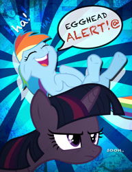 Size: 1275x1650 | Tagged: safe, artist:ahrimatt, artist:caliazian, artist:yanoda, derpibooru import, rainbow dash, twilight sparkle, pegasus, pony, angry, duo, egghead, laughing, soon, speech bubble, twilight is not amused