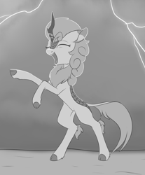 Size: 1220x1472 | Tagged: safe, artist:dusthiel, autumn blaze, kirin, sounds of silence, eyes closed, female, grayscale, lightning, monochrome, open mouth, quadrupedal, rearing, solo