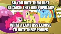 Size: 300x168 | Tagged: safe, derpibooru import, fluttershy, pinkie pie, rainbow dash, earth pony, pegasus, pony, image macro, meme, op is a cuck, op is trying to start shit, picture for breezies