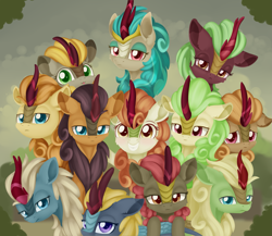 Size: 1953x1693 | Tagged: safe, artist:dusthiel, autumn afternoon, autumn blaze, cinder glow, fern flare, forest fall, maple brown, pumpkin smoke, rain shine, sparkling brook, spring glow, summer flare, winter flame, kirin, sounds of silence, :3, :p, awwtumn blaze, background kirin, cute, fall flower, female, grin, group, group hug, group photo, group shot, hug, kirinbetes, looking at you, looking back, looking back at you, male, mood contrast, one of these things is not like the others, photo, sad, serious, silly, smiling, tongue out, unamused
