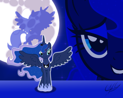 Size: 1280x1024 | Tagged: safe, artist:ponychaos13, princess luna, alicorn, pony, ethereal mane, female, full moon, grin, hoof shoes, mare, mare in the moon, moon, smiling, spread wings, starry mane, vector, wallpaper, wings