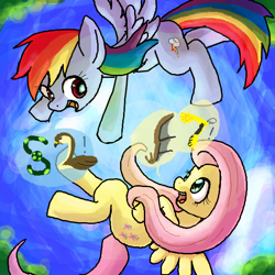 Size: 600x600 | Tagged: safe, artist:yajima, fluttershy, rainbow dash, pegasus, pony, may the best pet win, pixiv