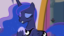 Size: 1920x1080 | Tagged: safe, screencap, princess luna, alicorn, pony, the last problem, cutie mark, ethereal mane, eyes closed, eyeshadow, female, flowing mane, former princess luna, grin, hoof shoes, makeup, mare, raised eyebrow, raised hoof, retirement, smiling, solo