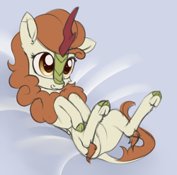 Size: 958x946 | Tagged: safe, artist:dusthiel, autumn blaze, kirin, sounds of silence, bed, belly, chest fluff, cute, female, frog (hoof), imminent belly rub, mare, quadrupedal, solo, underhoof