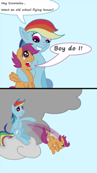 Size: 796x1418 | Tagged: safe, artist:philith, rainbow dash, scootaloo, pegasus, pony, flying lesson, rainbow douche, scootabuse, this will not end well