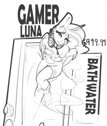 Size: 1557x1829 | Tagged: safe, artist:sugarlesspaints, princess luna, alicorn, anthro, plantigrade anthro, bath water, bathtub, belle delphine, clothes, controller, female, gamer girl, gamer girl bath water, gamer luna, headset, lineart, price tag