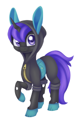 Size: 970x1442 | Tagged: safe, artist:dusthiel, oc, oc only, oc:blue visions, changeling, bunny ears, changeling oc, clothes, costume, dangerous mission outfit, female, hoodie, purple changeling, simple background, solo, transparent background